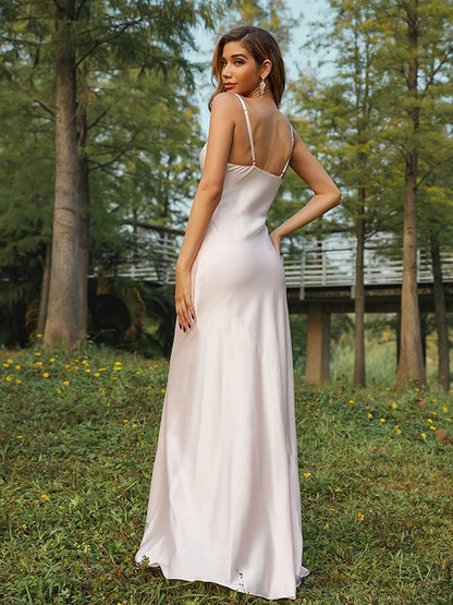 Sheath/Column NS Elastic Woven Satin Ruched Spaghetti Straps Sleeveless Sweep/Brush Train Bridesmaid Dresses