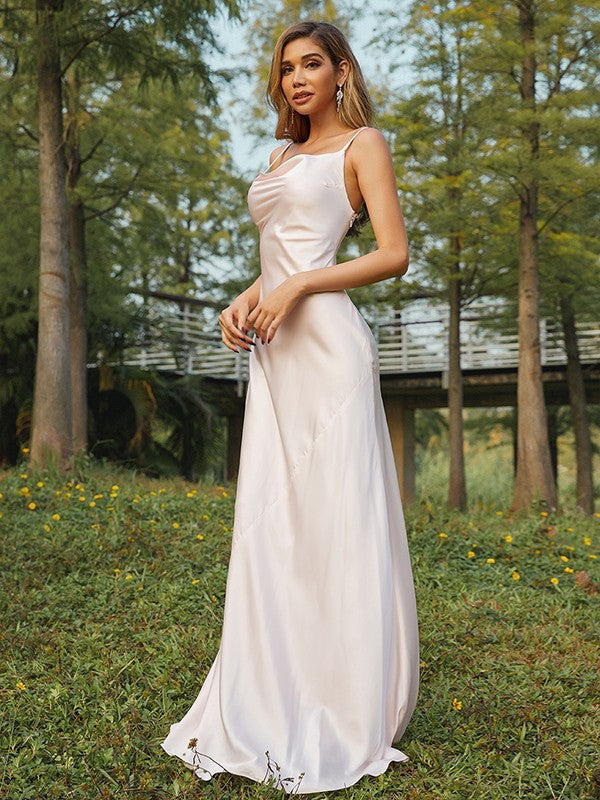 Sheath/Column NS Elastic Woven Satin Ruched Spaghetti Straps Sleeveless Sweep/Brush Train Bridesmaid Dresses