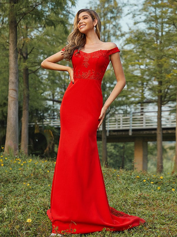 Sheath/Column Jersey Applique Off-the-Shoulder Sleeveless Sweep/Brush Train Bridesmaid Dresses