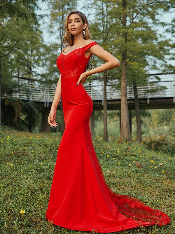 Sheath/Column Jersey Applique Off-the-Shoulder Sleeveless Sweep/Brush Train Bridesmaid Dresses