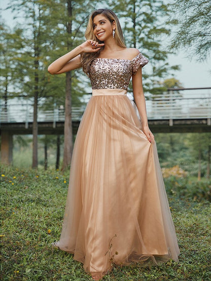 A-Line/Princess Tulle Sequin Off-the-Shoulder Sleeveless Floor-Length Bridesmaid Dresses