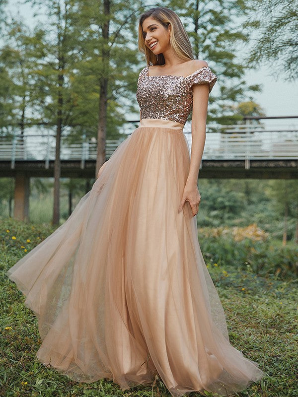 A-Line/Princess Tulle Sequin Off-the-Shoulder Sleeveless Floor-Length Bridesmaid Dresses