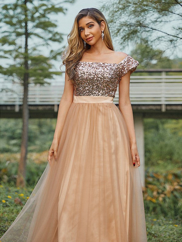 A-Line/Princess Tulle Sequin Off-the-Shoulder Sleeveless Floor-Length Bridesmaid Dresses