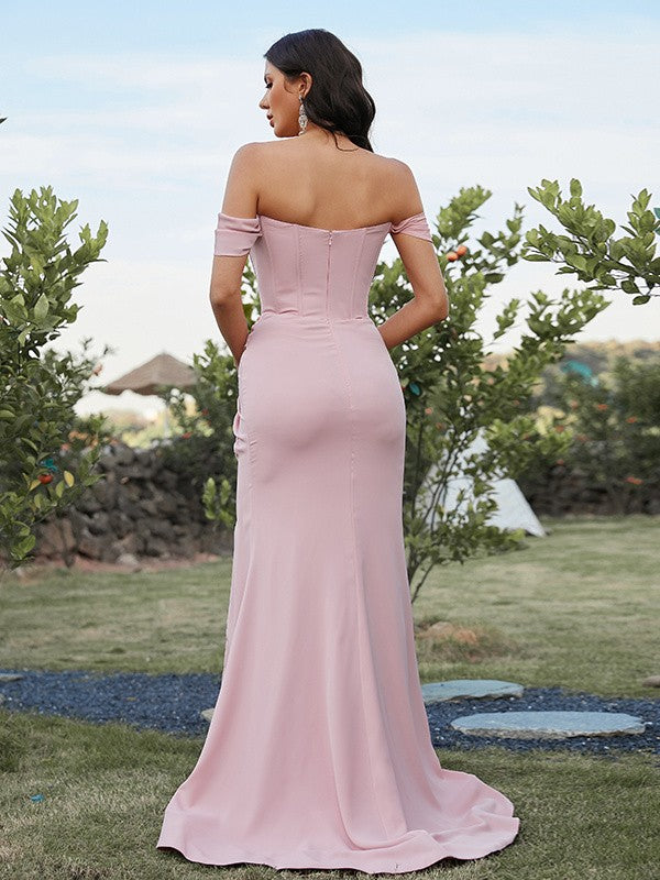 Sheath/Column Stretch Crepe Ruched Off-the-Shoulder Sleeveless Sweep/Brush Train Bridesmaid Dresses