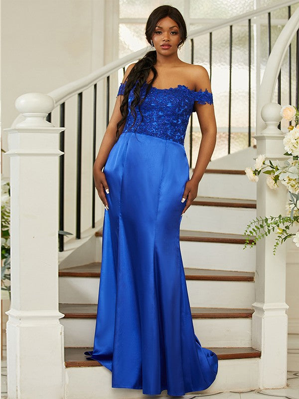 Sheath/Column Silk like Satin Applique Off-the-Shoulder Sleeveless Sweep/Brush Train Bridesmaid Dresses