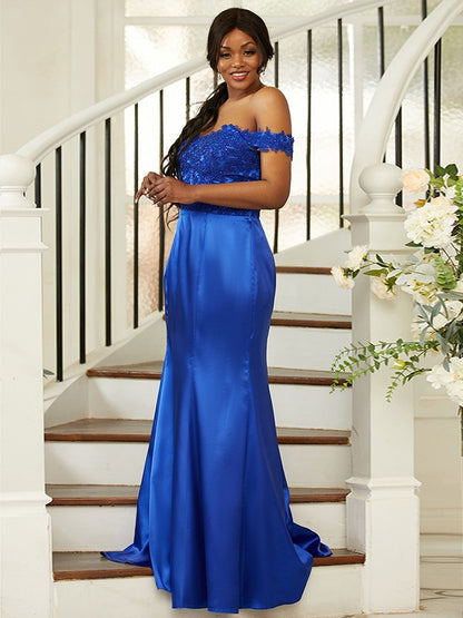 Sheath/Column Silk like Satin Applique Off-the-Shoulder Sleeveless Sweep/Brush Train Bridesmaid Dresses