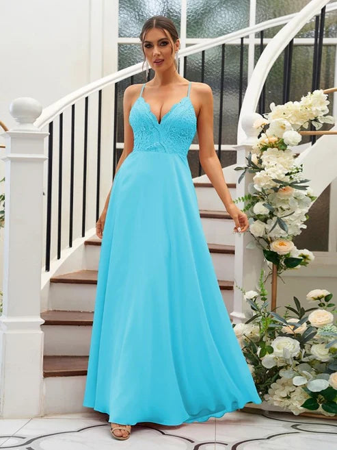 A-Line/Princess Chiffon Lace V-neck Sleeveless Floor-Length Bridesmaid Dresses Party Dresses Wedding Guest Dresses