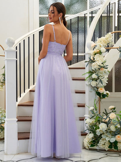 A-Line/Princess Tulle Applique V-neck Sleeveless Floor-Length Bridesmaid Dresses