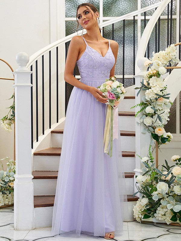 A-Line/Princess Tulle Applique V-neck Sleeveless Floor-Length Bridesmaid Dresses