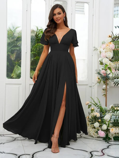 A-Line/Princess Chiffon Ruffles V-neck Short Sleeves Floor-Length Bridesmaid Dresses Party Dresses Wedding Guest Dresses