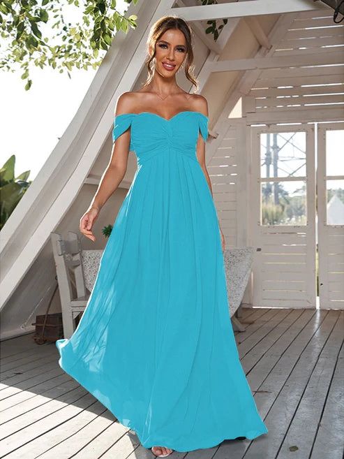 A-Line/Princess Chiffon Ruched Off-The-Shoulder Sleeveless Floor-Length Bridesmaid Dresses Party Dresses Wedding Guest Dresses