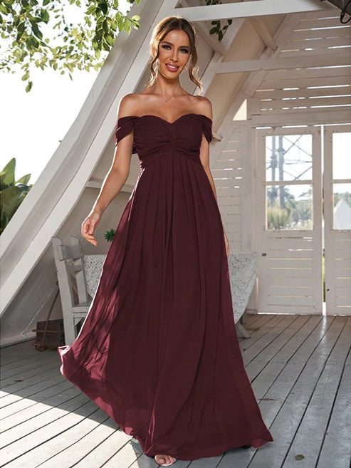 A-Line/Princess Chiffon Ruched Off-The-Shoulder Sleeveless Floor-Length Bridesmaid Dresses Party Dresses Wedding Guest Dresses