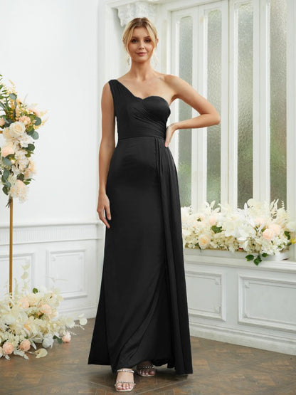 Sheath/Column NS Elastic Woven Satin Ruched One-Shoulder Sleeveless Floor-Length Bridesmaid Dresses