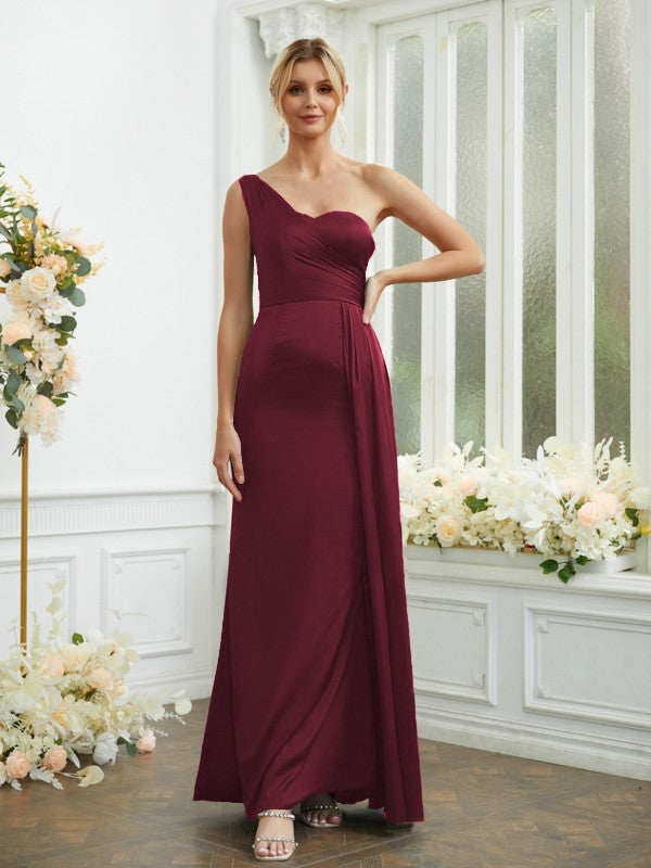 Sheath/Column NS Elastic Woven Satin Ruched One-Shoulder Sleeveless Floor-Length Bridesmaid Dresses