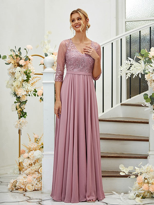 A-Line Chiffon Lace V-neck 3/4 Sleeves Floor-Length Bridesmaid Dresses