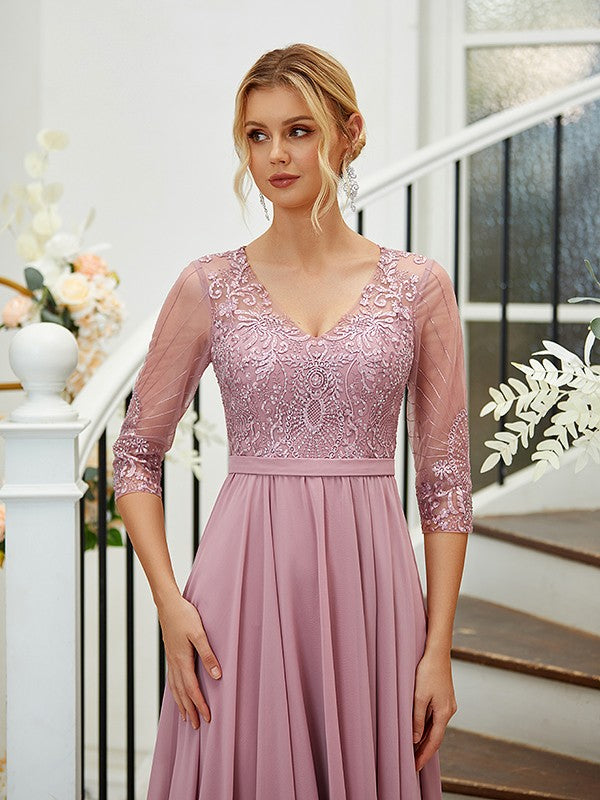 A-Line Chiffon Lace V-neck 3/4 Sleeves Floor-Length Bridesmaid Dresses