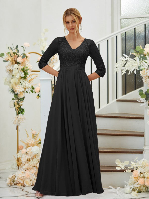 A-Line Chiffon Lace V-neck 3/4 Sleeves Floor-Length Bridesmaid Dresses