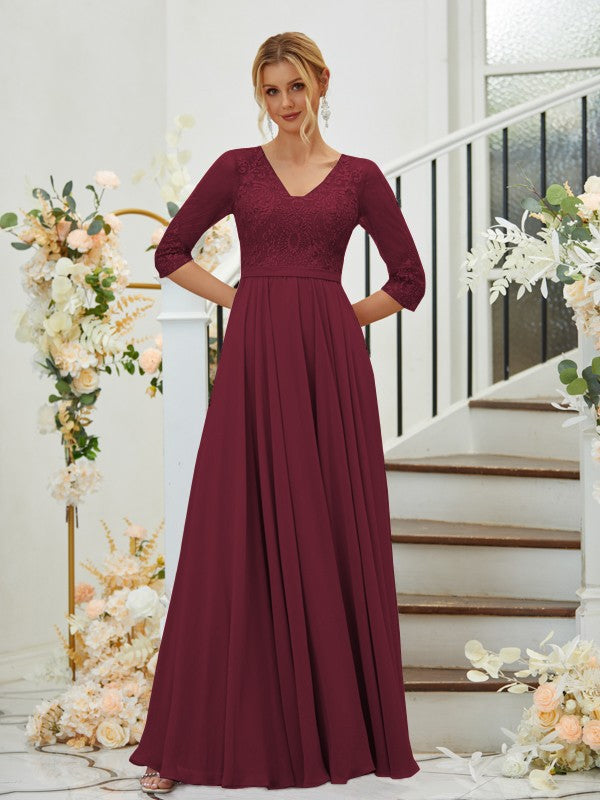 A-Line Chiffon Lace V-neck 3/4 Sleeves Floor-Length Bridesmaid Dresses