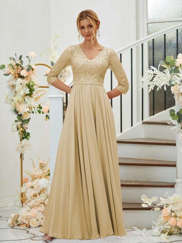 A-Line Chiffon Lace V-neck 3/4 Sleeves Floor-Length Bridesmaid Dresses