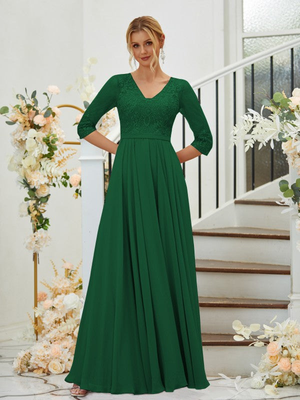 A-Line Chiffon Lace V-neck 3/4 Sleeves Floor-Length Bridesmaid Dresses