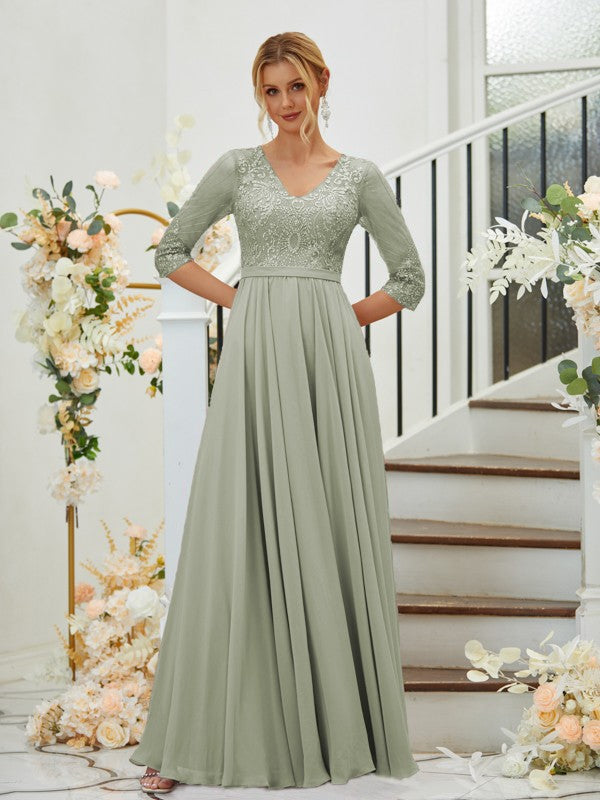 A-Line Chiffon Lace V-neck 3/4 Sleeves Floor-Length Bridesmaid Dresses