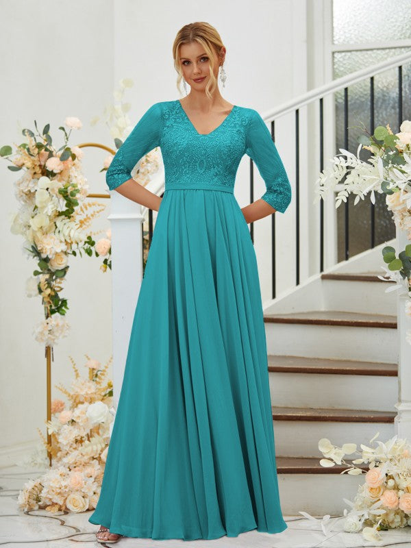 A-Line Chiffon Lace V-neck 3/4 Sleeves Floor-Length Bridesmaid Dresses