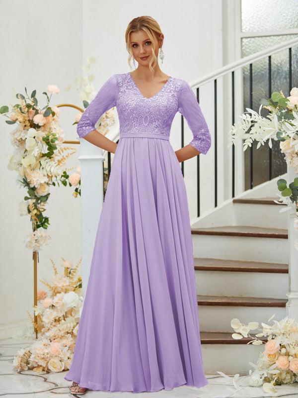 A-Line Chiffon Lace V-neck 3/4 Sleeves Floor-Length Bridesmaid Dresses