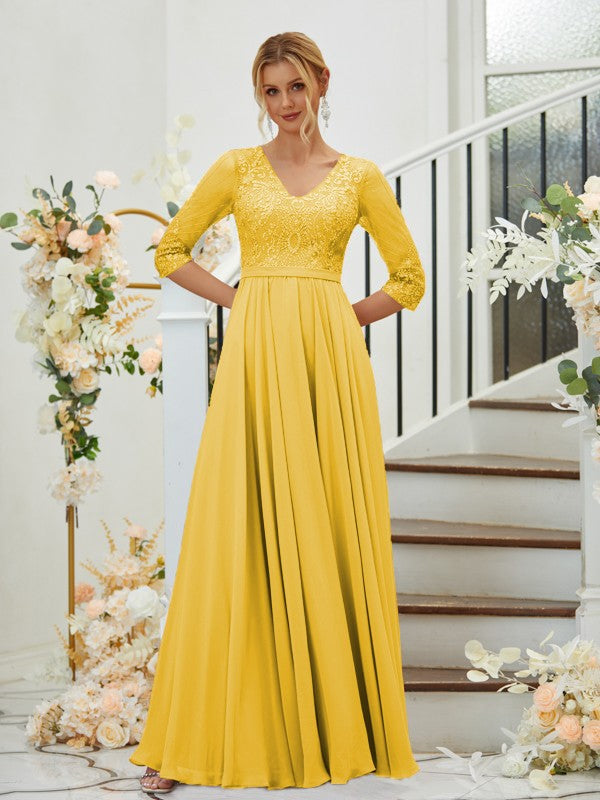 A-Line Chiffon Lace V-neck 3/4 Sleeves Floor-Length Bridesmaid Dresses
