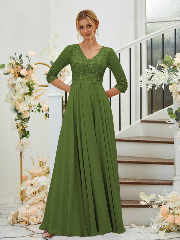 A-Line Chiffon Lace V-neck 3/4 Sleeves Floor-Length Bridesmaid Dresses