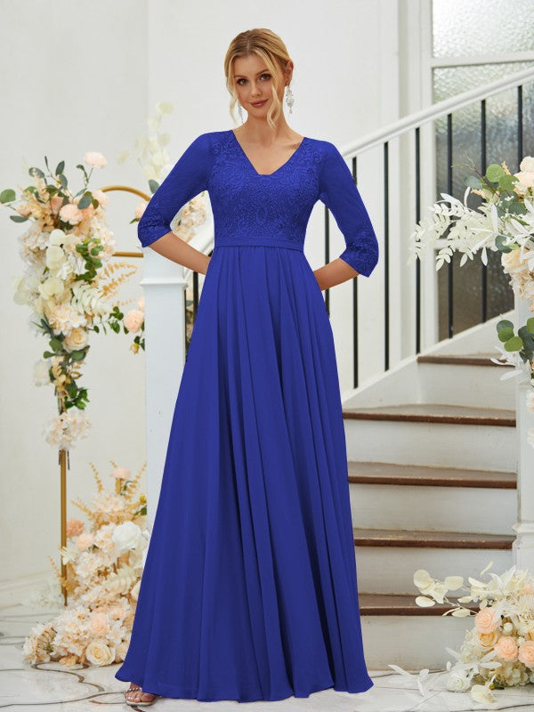 A-Line Chiffon Lace V-neck 3/4 Sleeves Floor-Length Bridesmaid Dresses