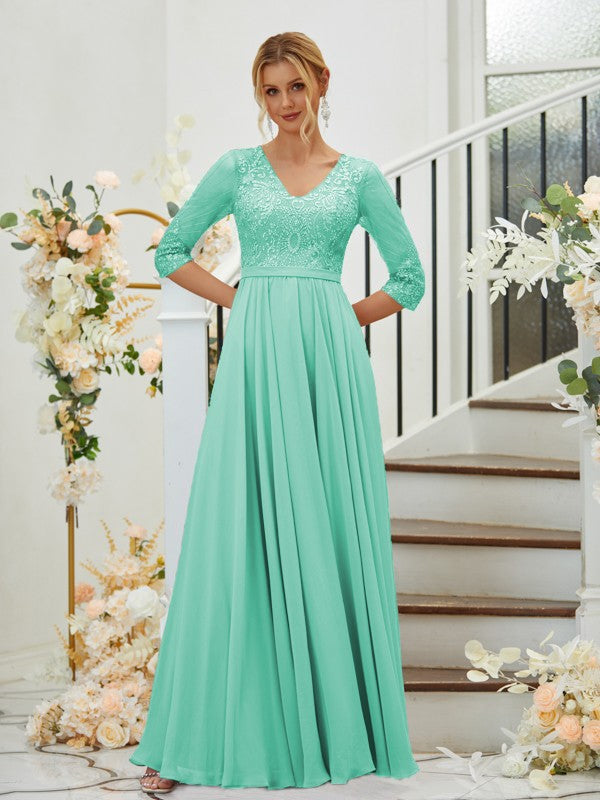 A-Line Chiffon Lace V-neck 3/4 Sleeves Floor-Length Bridesmaid Dresses