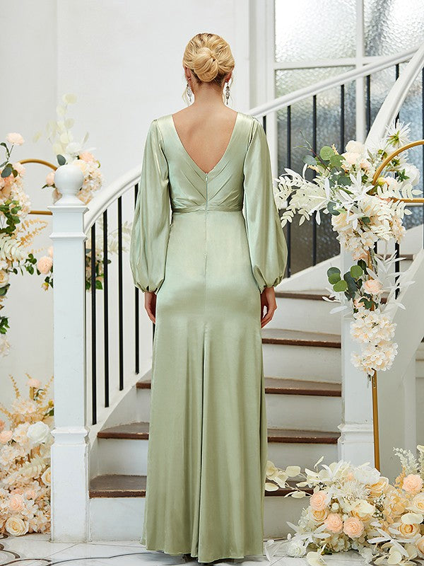 A Line Sheath/Column Silk like Satin Ruched V-neck Long Sleeves Floor-Length Bridesmaid Dresses