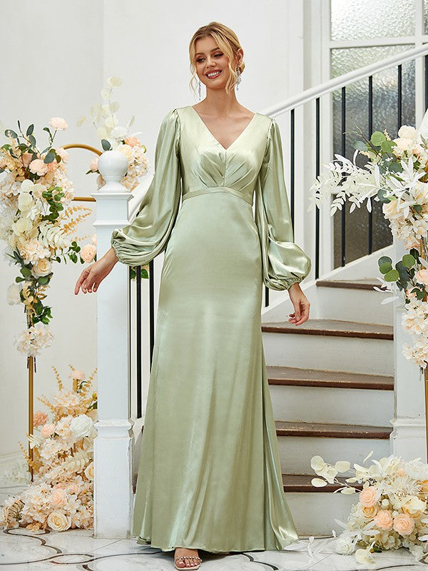 A Line Sheath/Column Silk like Satin Ruched V-neck Long Sleeves Floor-Length Bridesmaid Dresses
