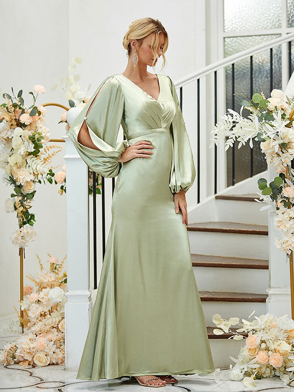A Line Sheath/Column Silk like Satin Ruched V-neck Long Sleeves Floor-Length Bridesmaid Dresses