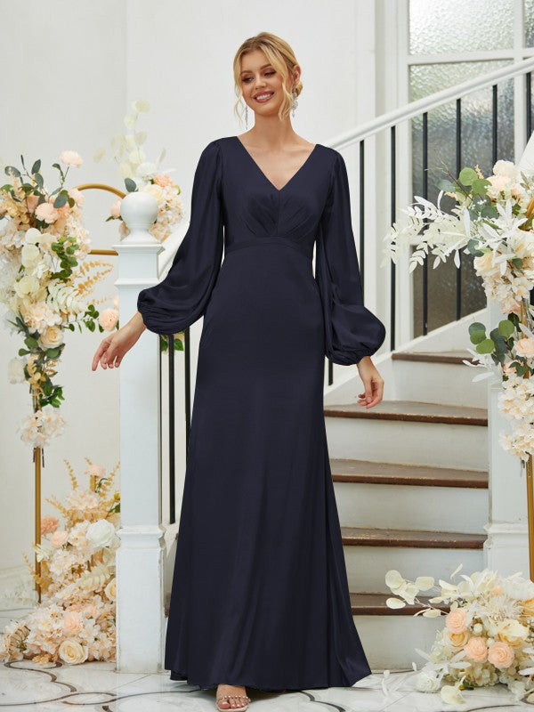 A Line Sheath/Column Silk like Satin Ruched V-neck Long Sleeves Floor-Length Bridesmaid Dresses