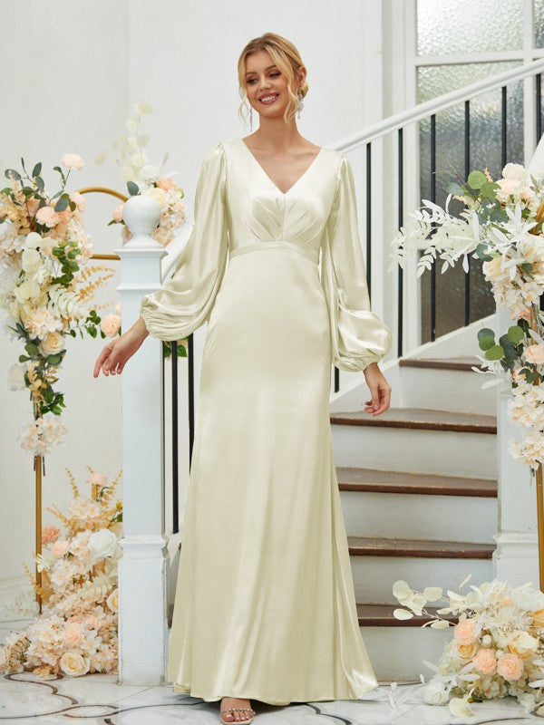 A Line Sheath/Column Silk like Satin Ruched V-neck Long Sleeves Floor-Length Bridesmaid Dresses