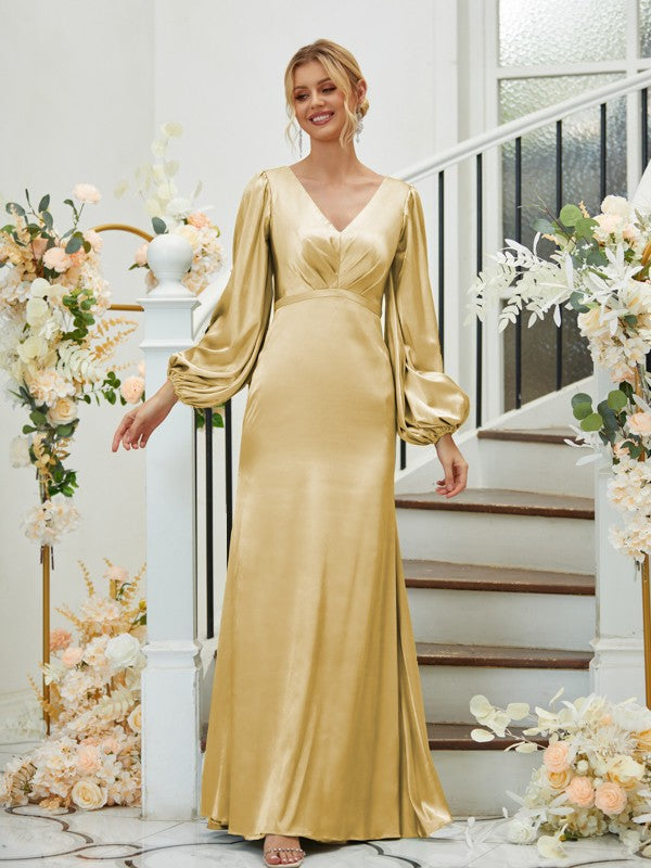 A Line Sheath/Column Silk like Satin Ruched V-neck Long Sleeves Floor-Length Bridesmaid Dresses