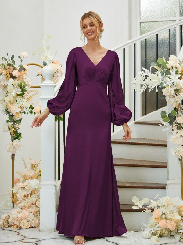 A Line Sheath/Column Silk like Satin Ruched V-neck Long Sleeves Floor-Length Bridesmaid Dresses