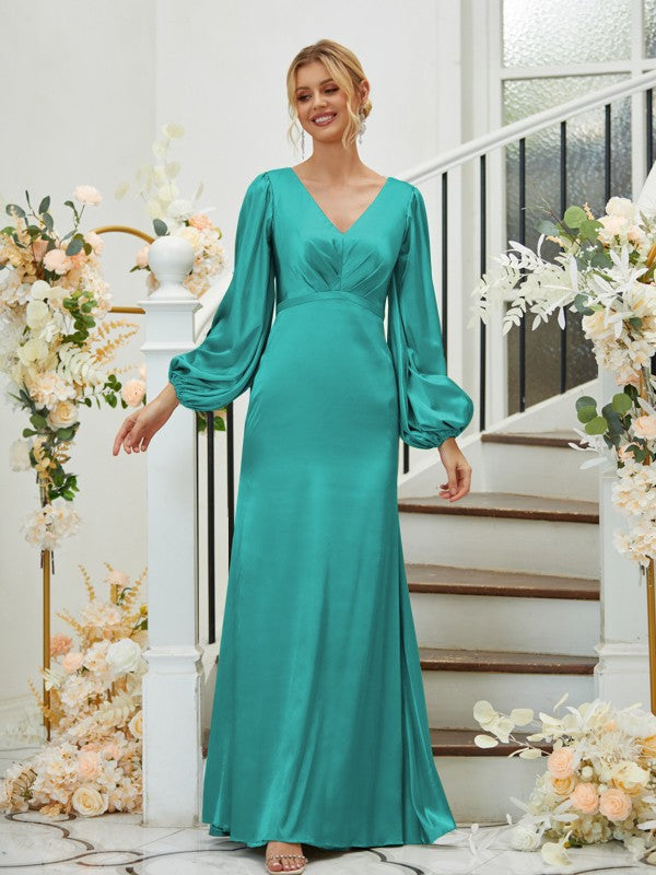 A Line Sheath/Column Silk like Satin Ruched V-neck Long Sleeves Floor-Length Bridesmaid Dresses