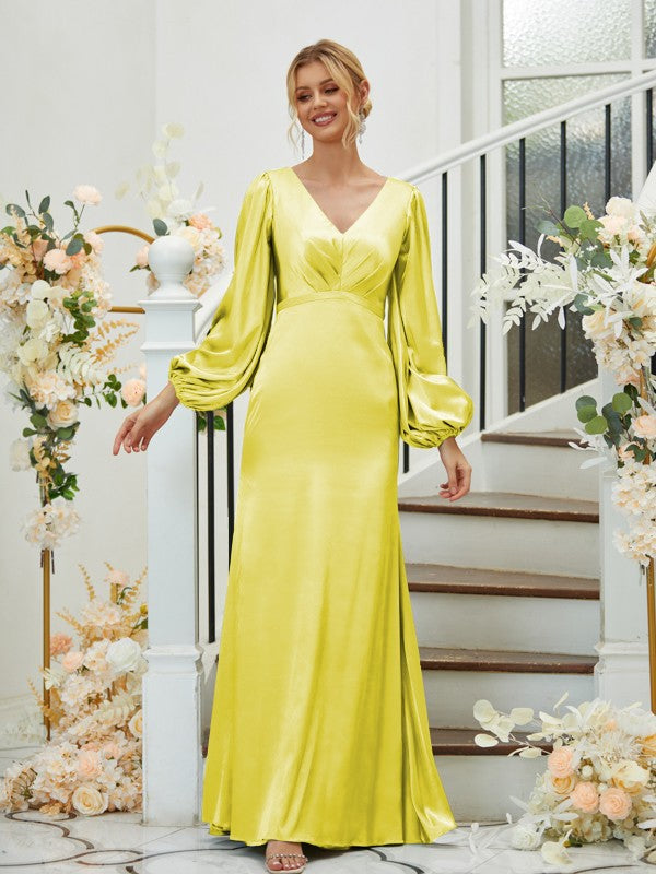 A Line Sheath/Column Silk like Satin Ruched V-neck Long Sleeves Floor-Length Bridesmaid Dresses