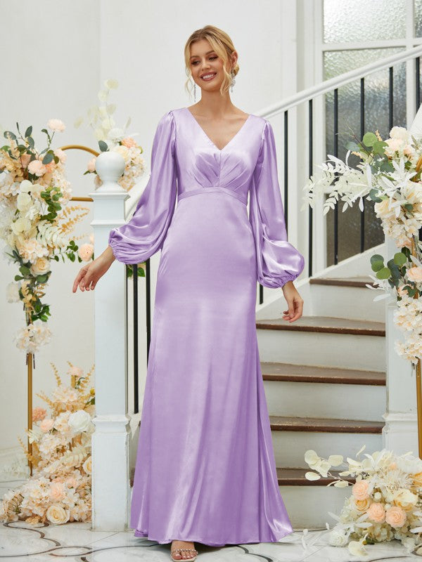 A Line Sheath/Column Silk like Satin Ruched V-neck Long Sleeves Floor-Length Bridesmaid Dresses