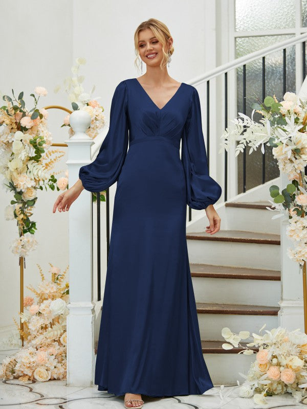 A Line Sheath/Column Silk like Satin Ruched V-neck Long Sleeves Floor-Length Bridesmaid Dresses