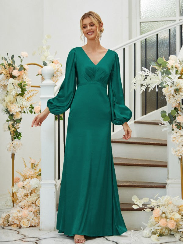 A Line Sheath/Column Silk like Satin Ruched V-neck Long Sleeves Floor-Length Bridesmaid Dresses