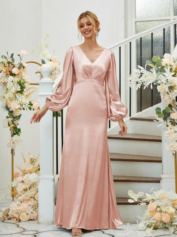 A Line Sheath/Column Silk like Satin Ruched V-neck Long Sleeves Floor-Length Bridesmaid Dresses