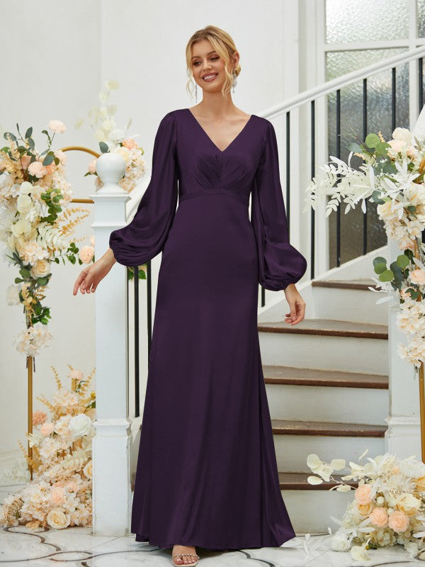 A Line Sheath/Column Silk like Satin Ruched V-neck Long Sleeves Floor-Length Bridesmaid Dresses