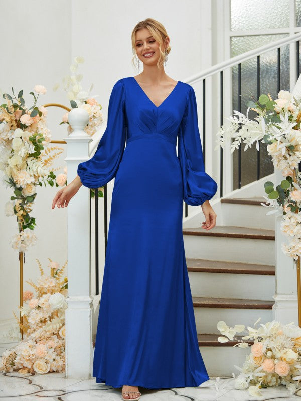 A Line Sheath/Column Silk like Satin Ruched V-neck Long Sleeves Floor-Length Bridesmaid Dresses