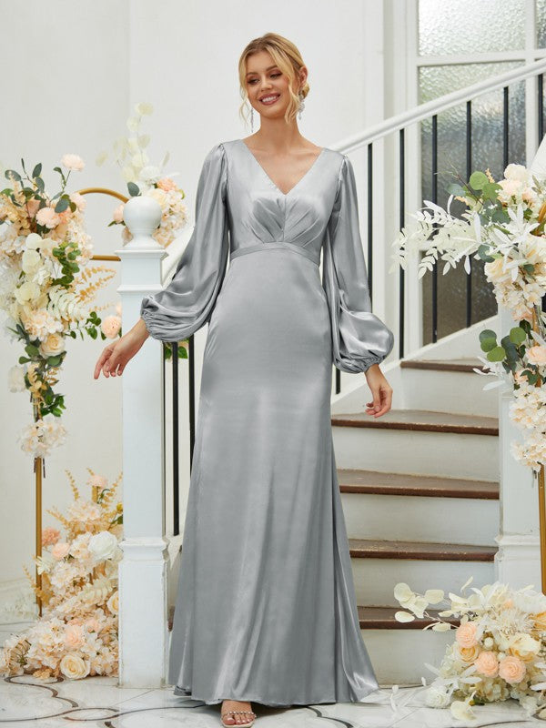 A Line Sheath/Column Silk like Satin Ruched V-neck Long Sleeves Floor-Length Bridesmaid Dresses