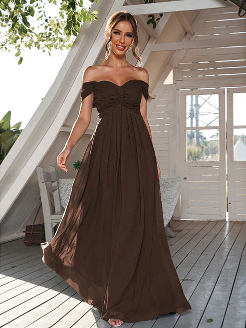A-Line/Princess Chiffon Ruched Off-The-Shoulder Sleeveless Floor-Length Bridesmaid Dresses Party Dresses Wedding Guest Dresses