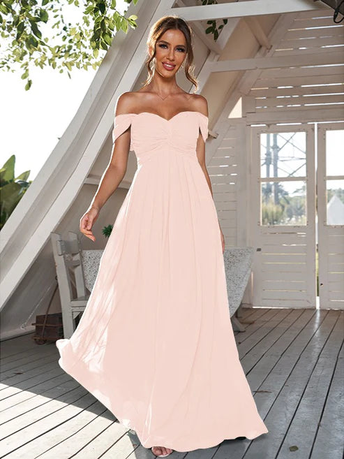 A-Line/Princess Chiffon Ruched Off-The-Shoulder Sleeveless Floor-Length Bridesmaid Dresses Party Dresses Wedding Guest Dresses