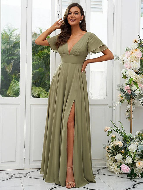 A-Line/Princess Chiffon Ruffles V-neck Short Sleeves Floor-Length Bridesmaid Dresses Party Dresses Wedding Guest Dresses
